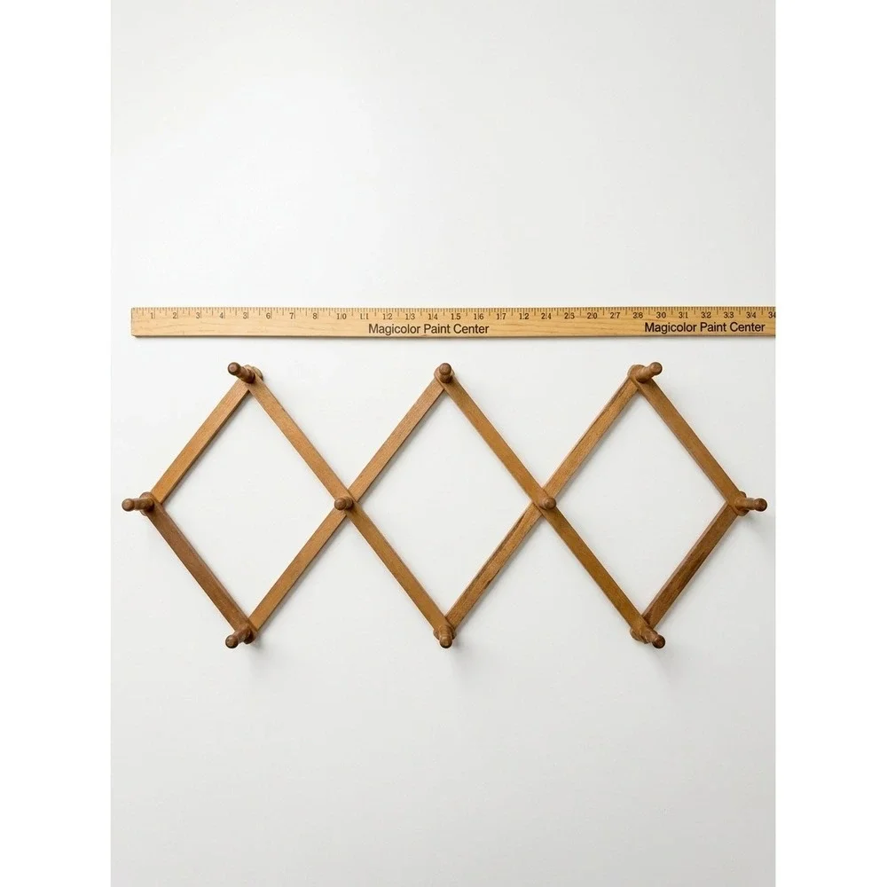 Vintage Accordion Wood Wall Rack Brown Excellent 10 Pegs Mugs Coat